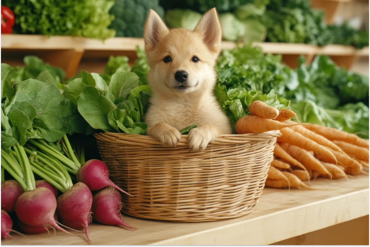 Cute golden puppy sitting in a wicker basket surrounded by fresh vegetables including beets and carrots — illustrating dog-safe foods for a healthy diet