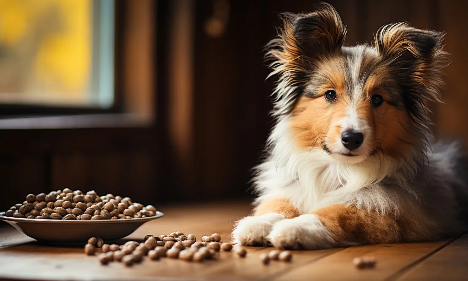 Fluffy Shetland Sheepdog lying on a wooden floor beside a bowl of dry kibble — illustrating complete and balanced dog food that supports digestive health with probiotics and prebiotics