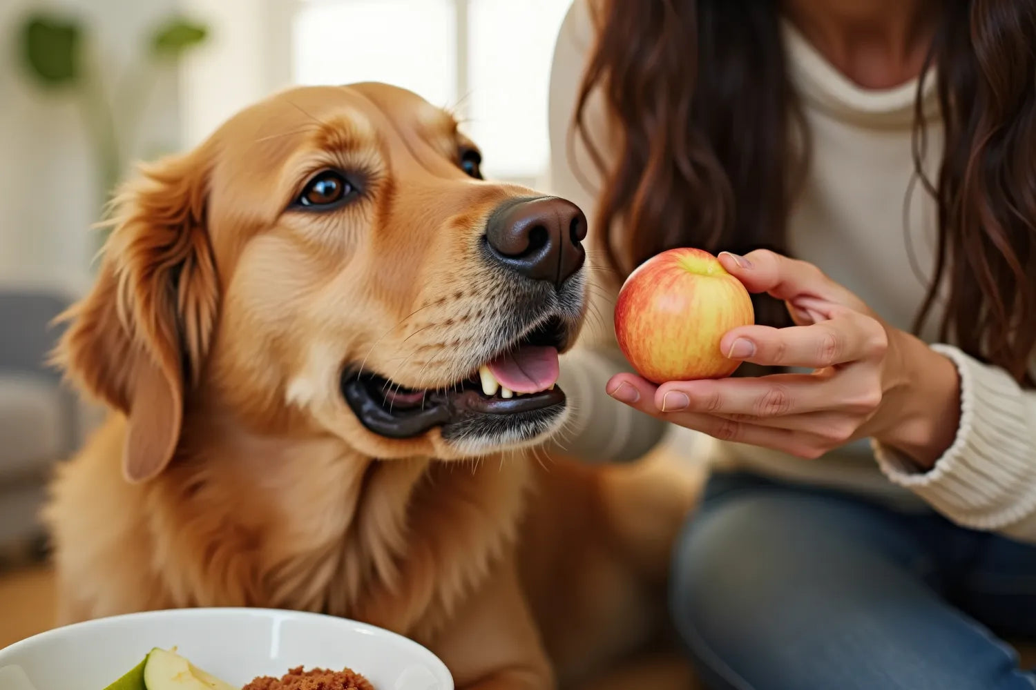 Happy Golden Retriever being offered a fresh apple by its owner indoors, with sliced apple pieces in a bowl nearby — illustrating that dogs can safely eat apples as a healthy, low-calorie snack