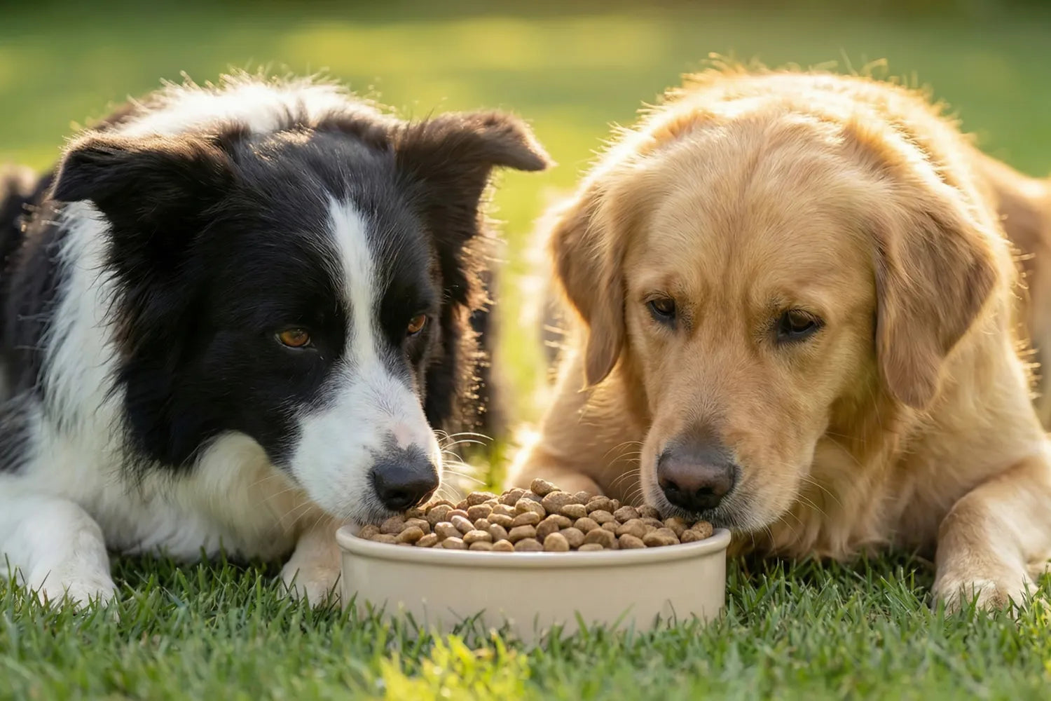 Border Collie and Golden Retriever lying side by side on grass, both sniffing a shared bowl of dry kibble — illustrating that dogs can safely eat barley as part of a balanced, digestive-friendly dog food