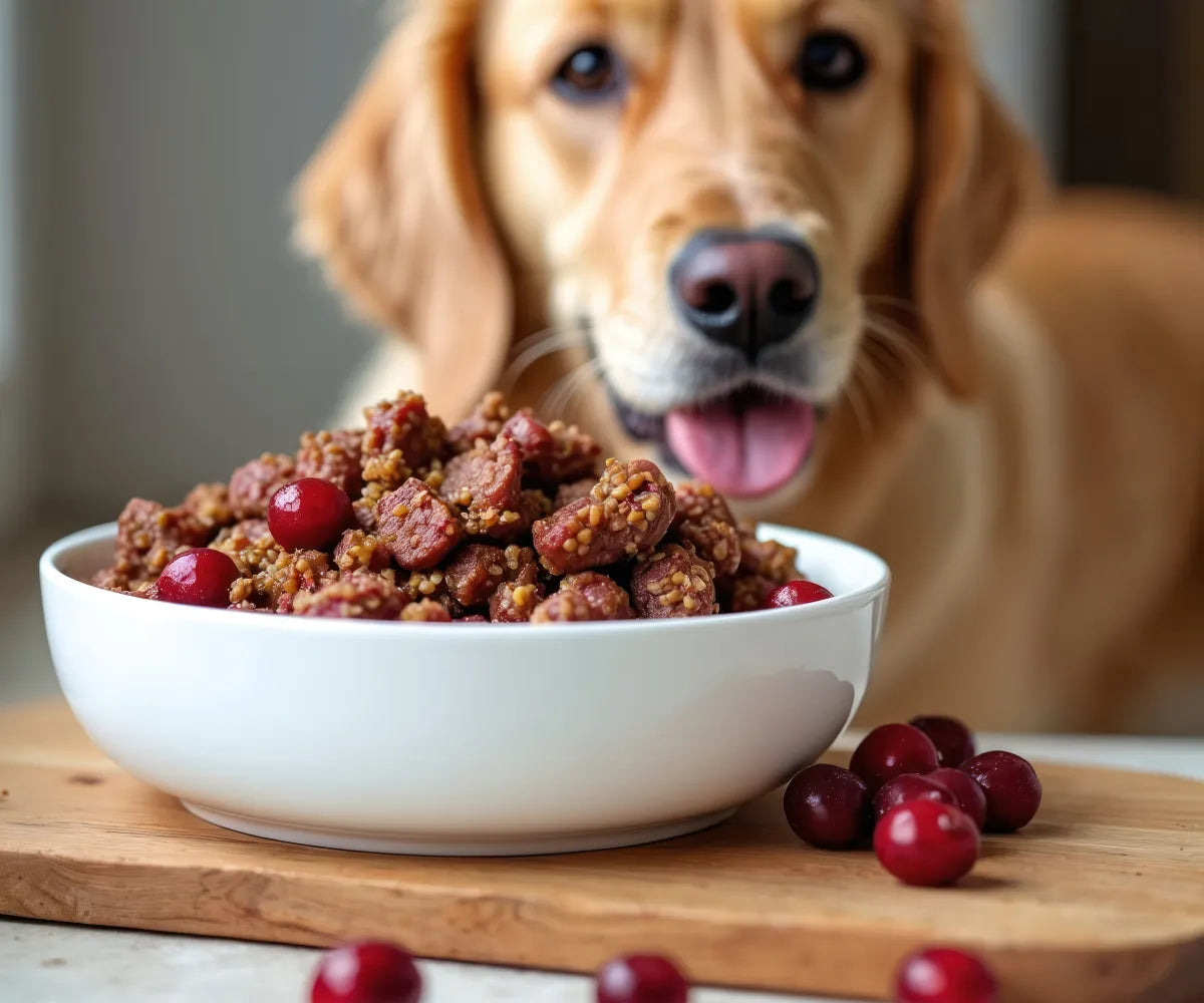 Golden Retriever looking eagerly at a white bowl of wet dog food garnished with fresh cranberries on a wooden board — illustrating that dogs can safely eat cranberries as part of a balanced, antioxidant-rich diet