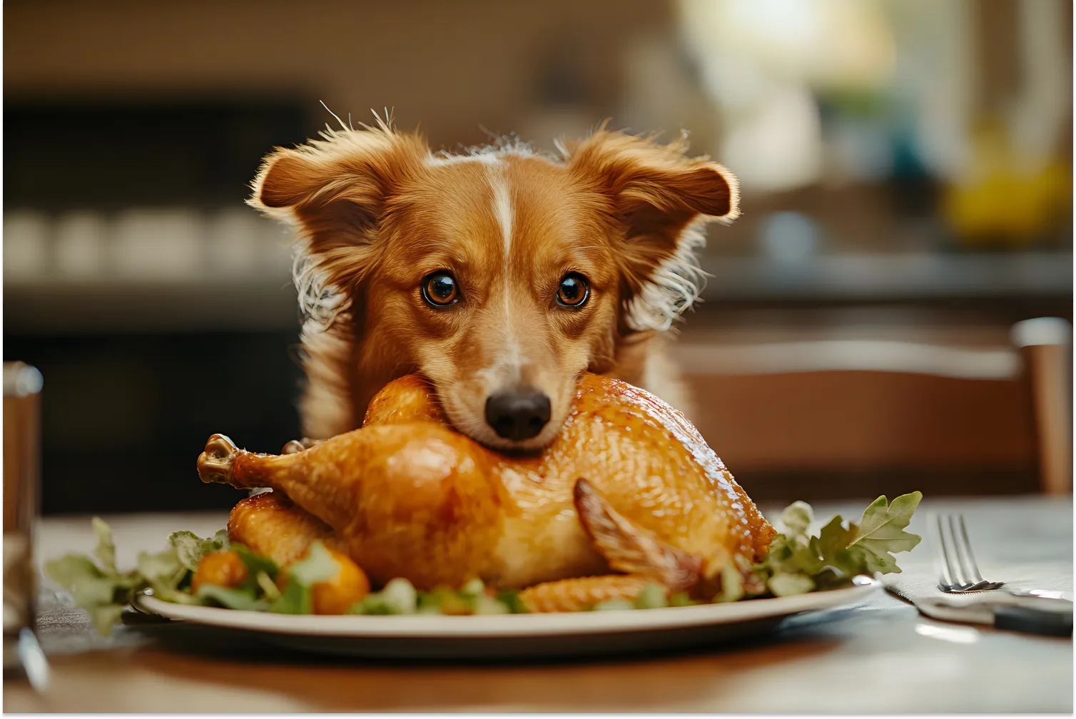 Golden brown dog hugging a whole roasted chicken on a serving plate — illustrating that dogs can eat plain cooked chicken as a safe, high-protein addition to a balanced diet