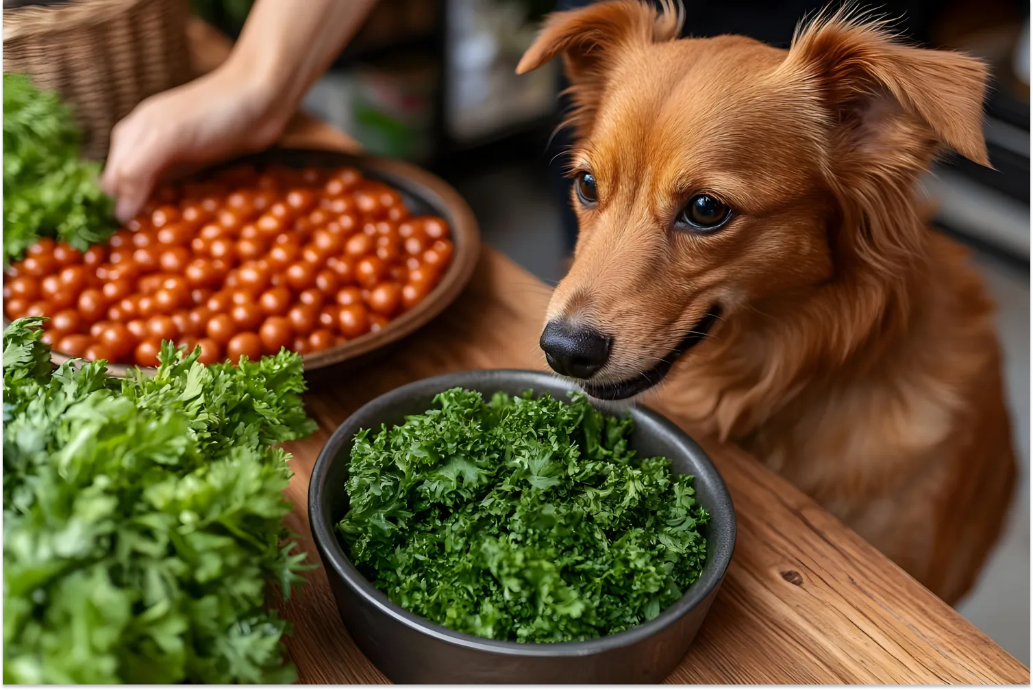 Attentive brown dog looking at a bowl of fresh kale on a wooden table next to a bowl of cherry tomatoes and leafy greens — illustrating dog-safe vegetables including kale in a healthy diet