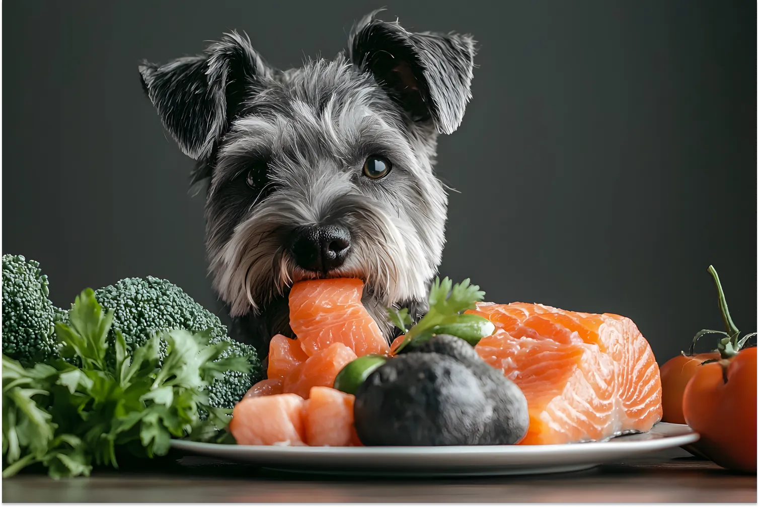 A Dog Enjoys Fresh Salmon and Vegetables on a Platter
