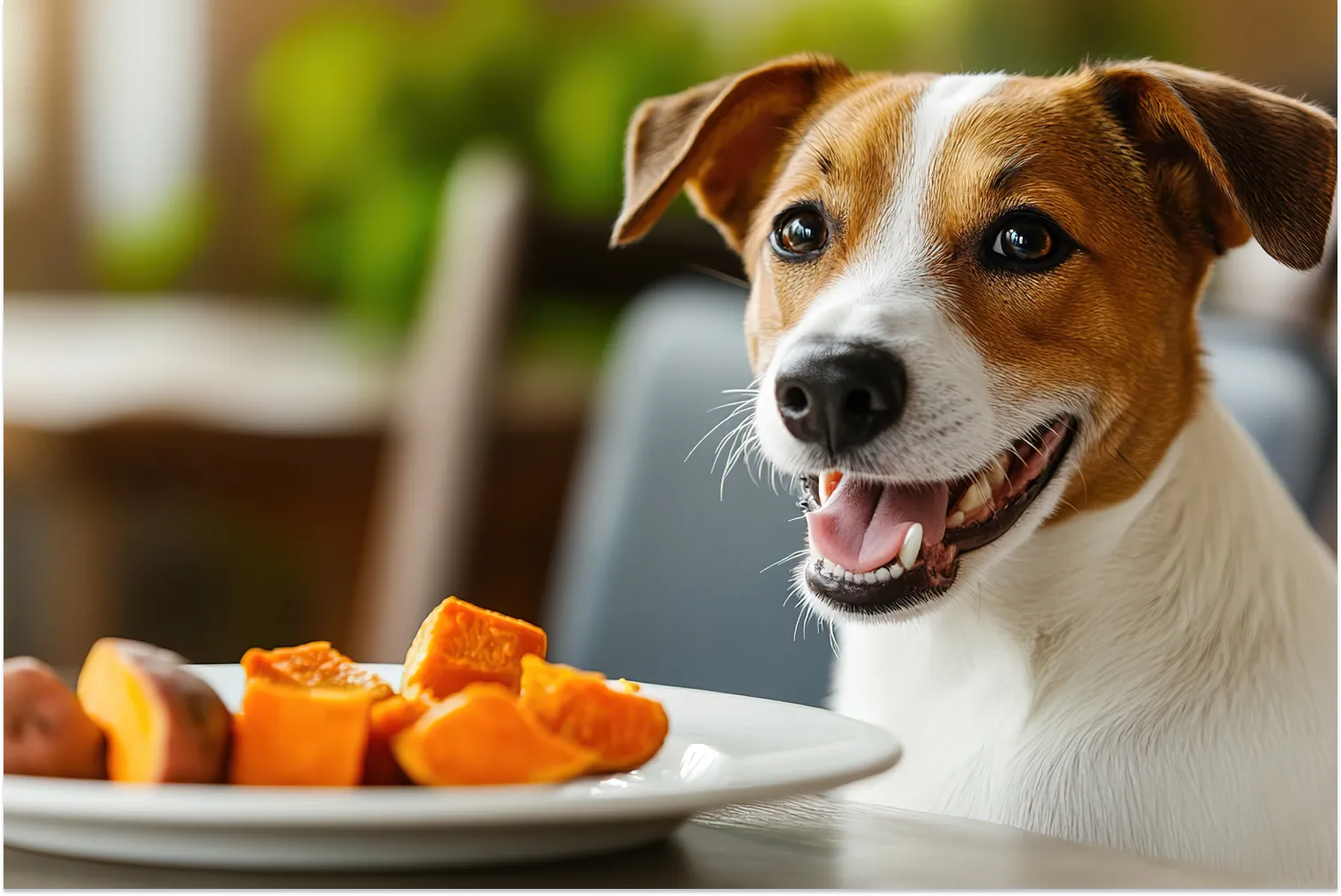 Happy Jack Russell Terrier smiling beside a plate of cooked sweet potato chunks on a table — illustrating that dogs can safely eat plain cooked sweet potatoes as a nutritious treat