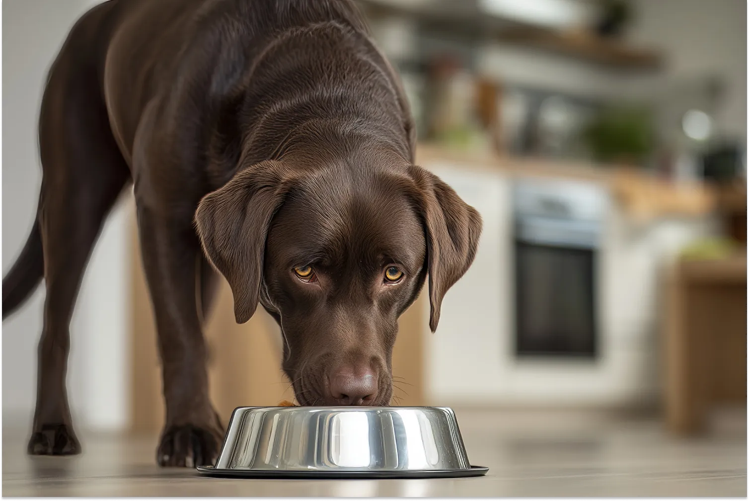 A chocolate Labrador retriever eats from a metal bowl in a modern kitchen, capturing a moment of pet mealtime.