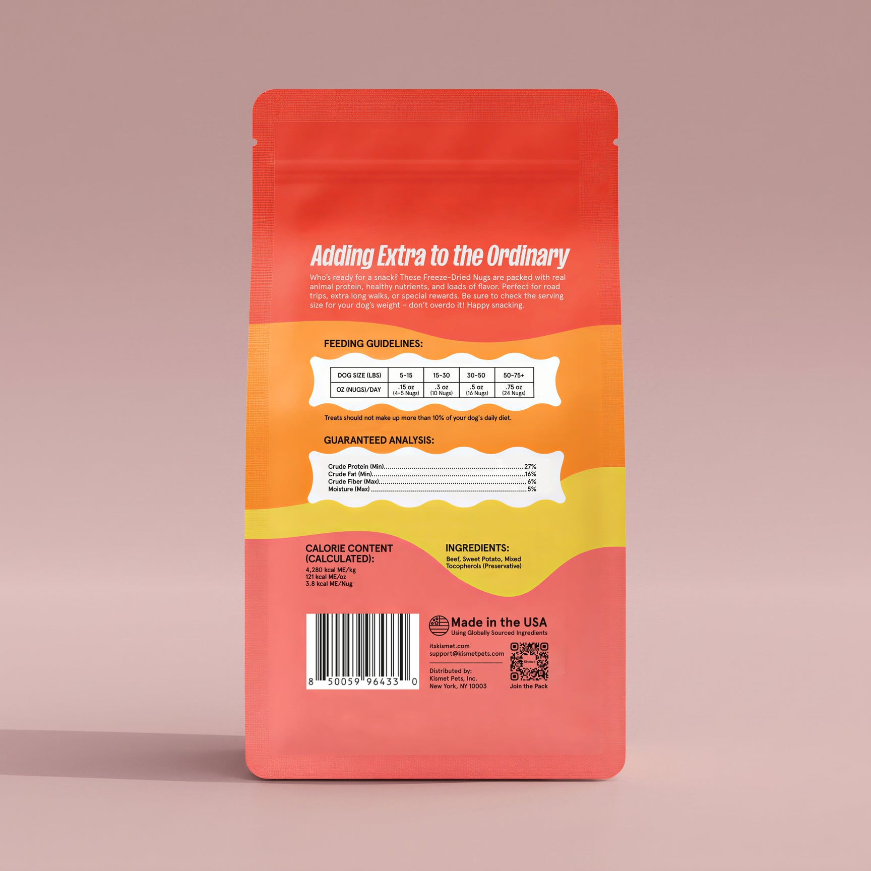 Kismet Nugs back of bag with a gradient color scheme on a pink background
