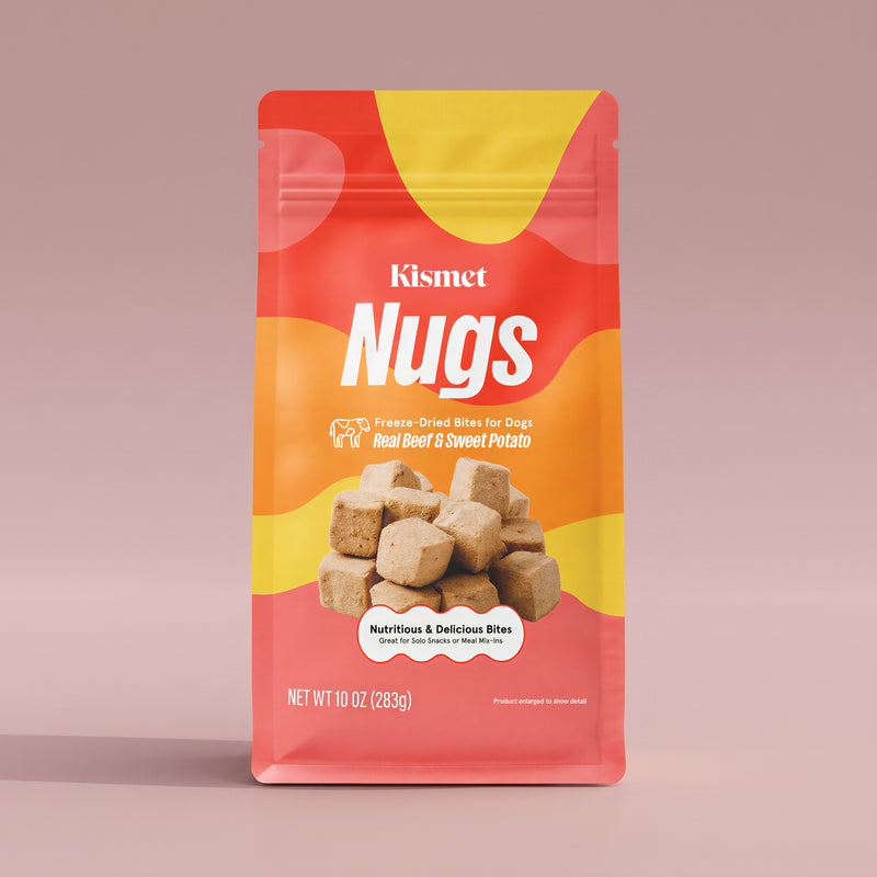 Kismet Nugs package for dogs with red beef and sweet potato flavor on a pink background