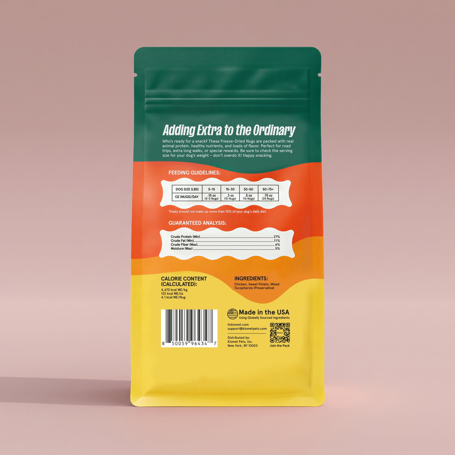 Kismet Nugs back of bag with green, orange, and yellow design on a pink background