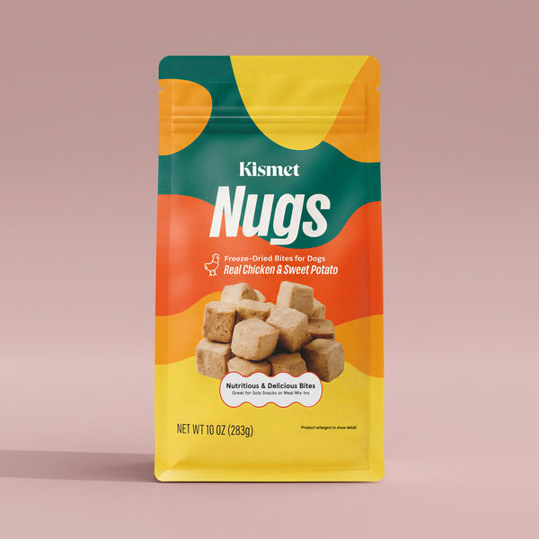 Kismet Nugs package for dogs with colorful design on a light pink background