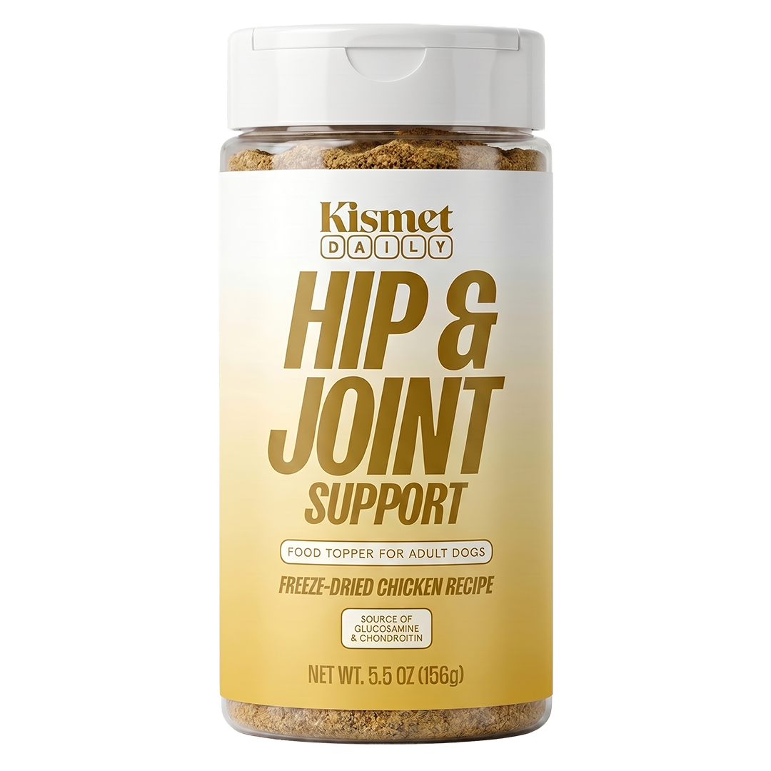 Kismet Daily Hip & Joint Support 5.5 oz canister: freeze-dried chicken food topper for adult dogs