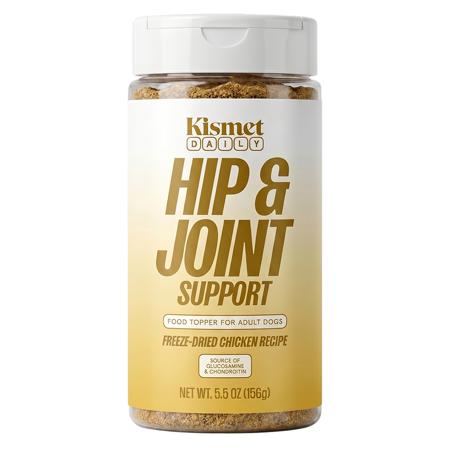 Kismet Daily Hip & Joint Support 5.5 oz canister: freeze-dried chicken food topper for adult dogs