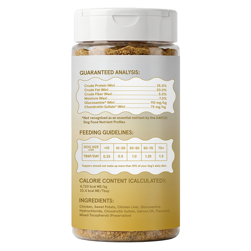 Hip & Joint back label: guaranteed analysis, feeding guidelines, calorie content and ingredients