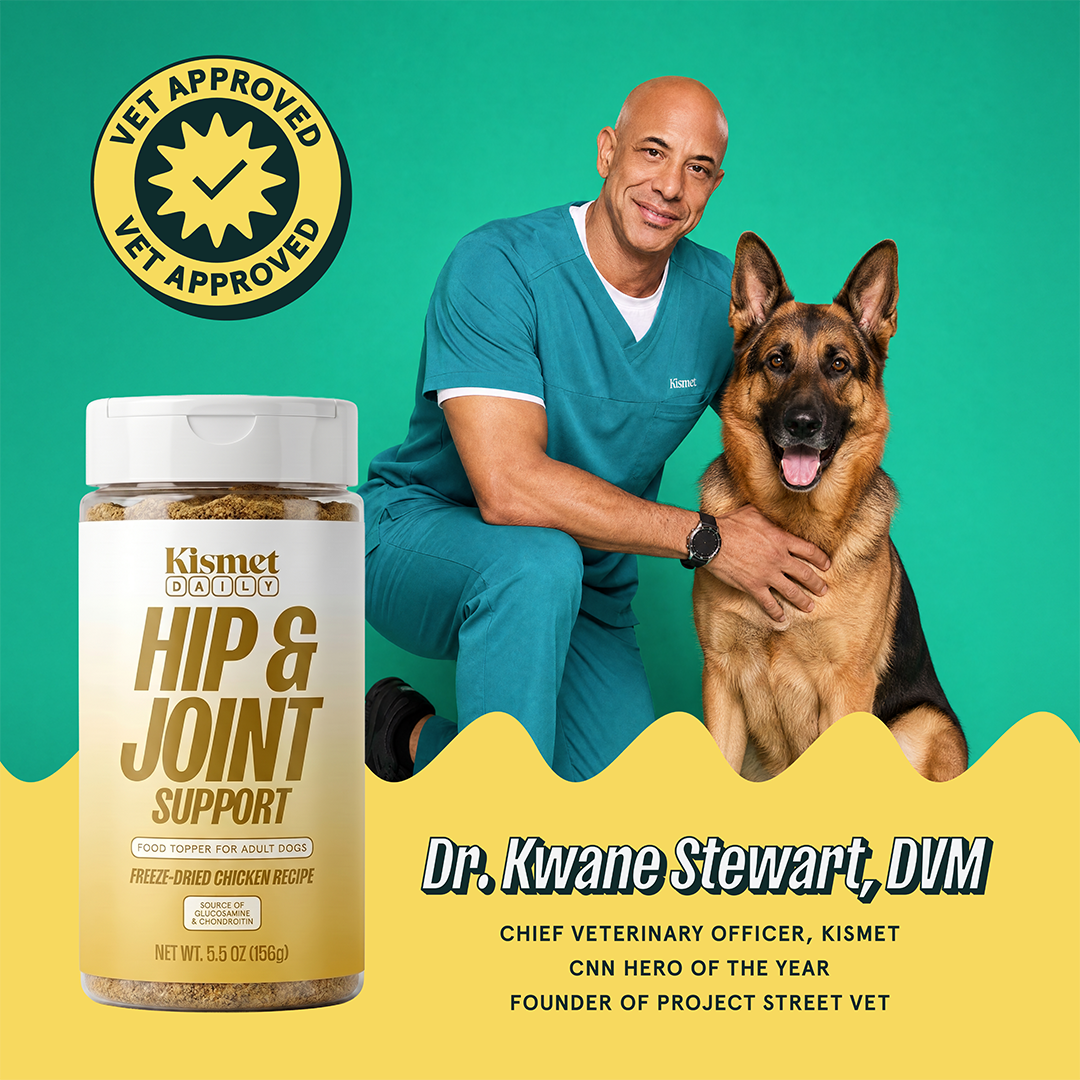 Dr. Kwane Stewart, DVM, Kismet's chief veterinary officer, with a German Shepherd and the Hip & Joint canister