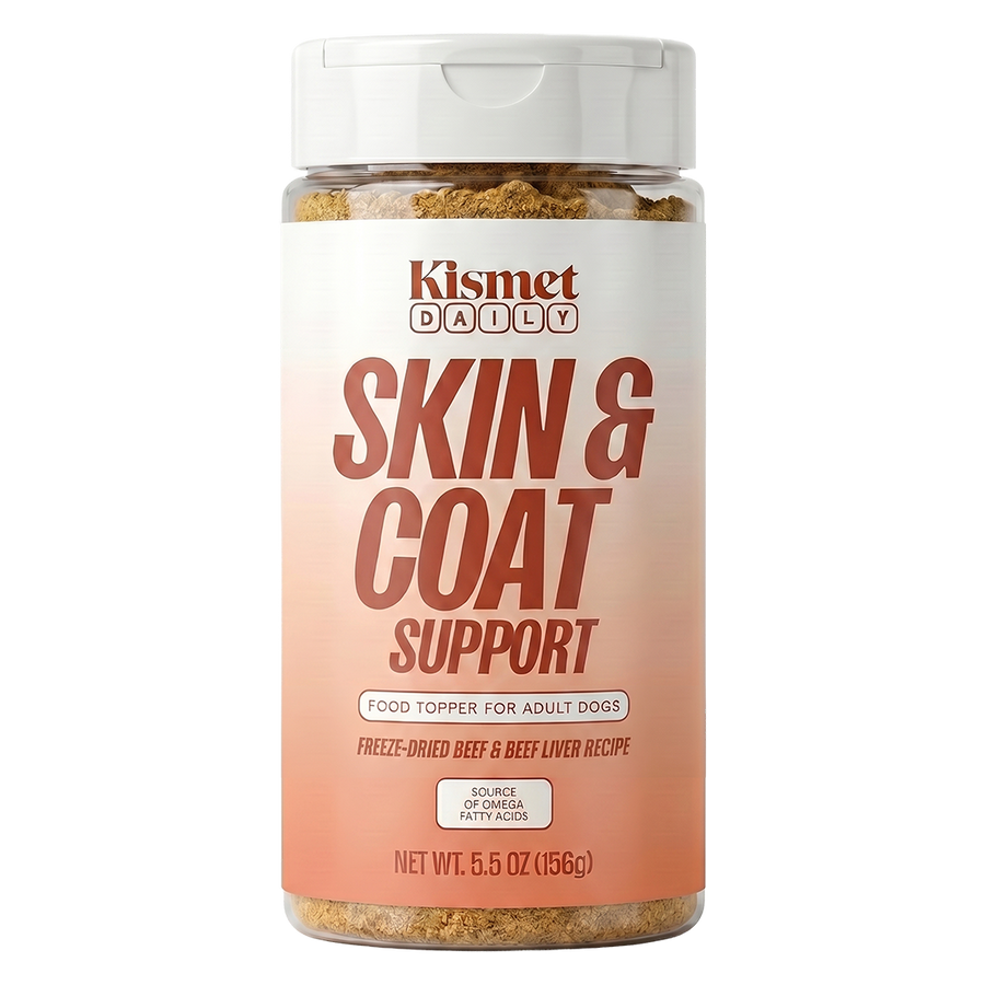 Kismet Daily Skin & Coat Support 5.5 oz canister: freeze-dried beef and beef liver food topper for adult dogs