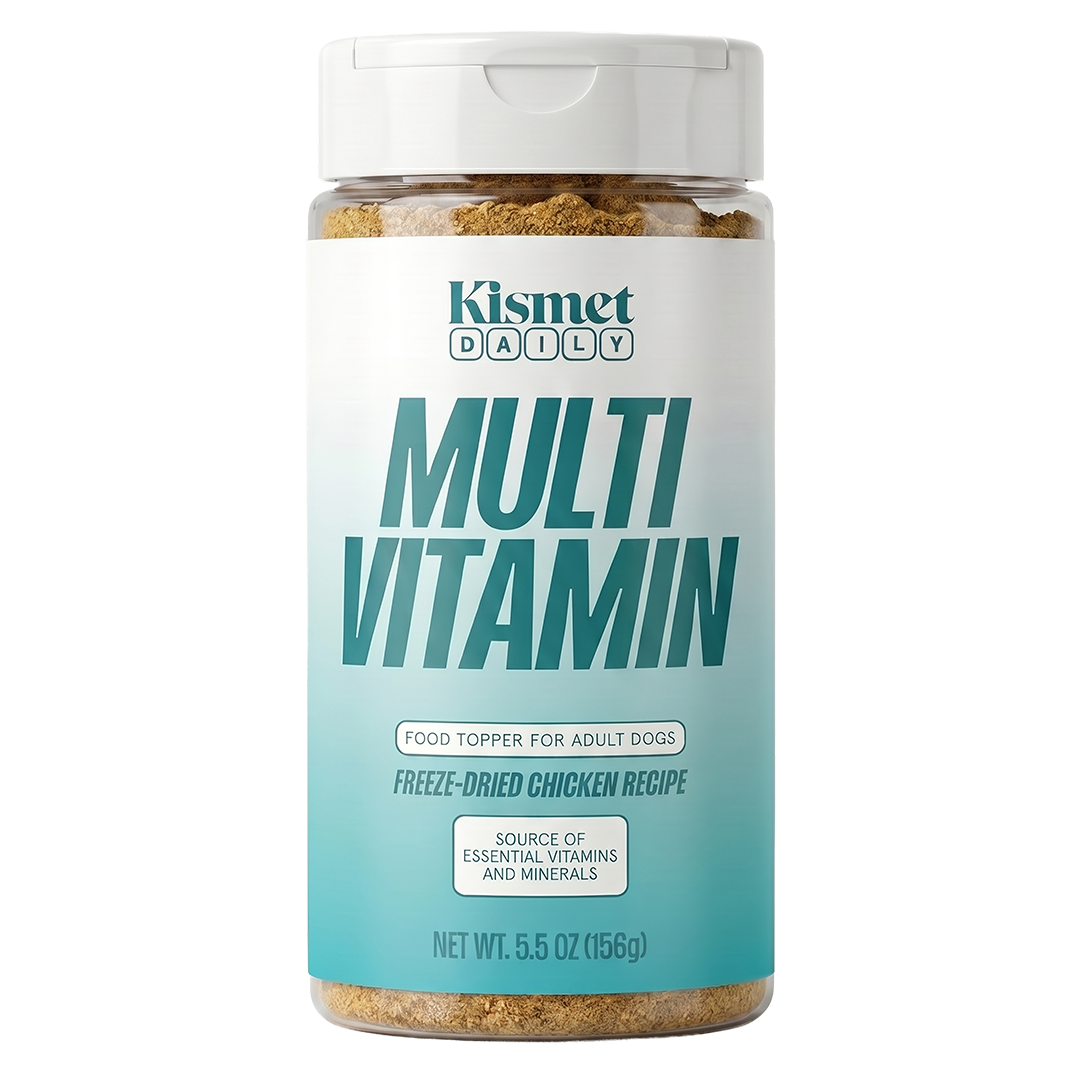 Kismet Daily Multivitamin 5.5 oz canister: freeze-dried chicken food topper for adult dogs, a source of essential vitamins and minerals