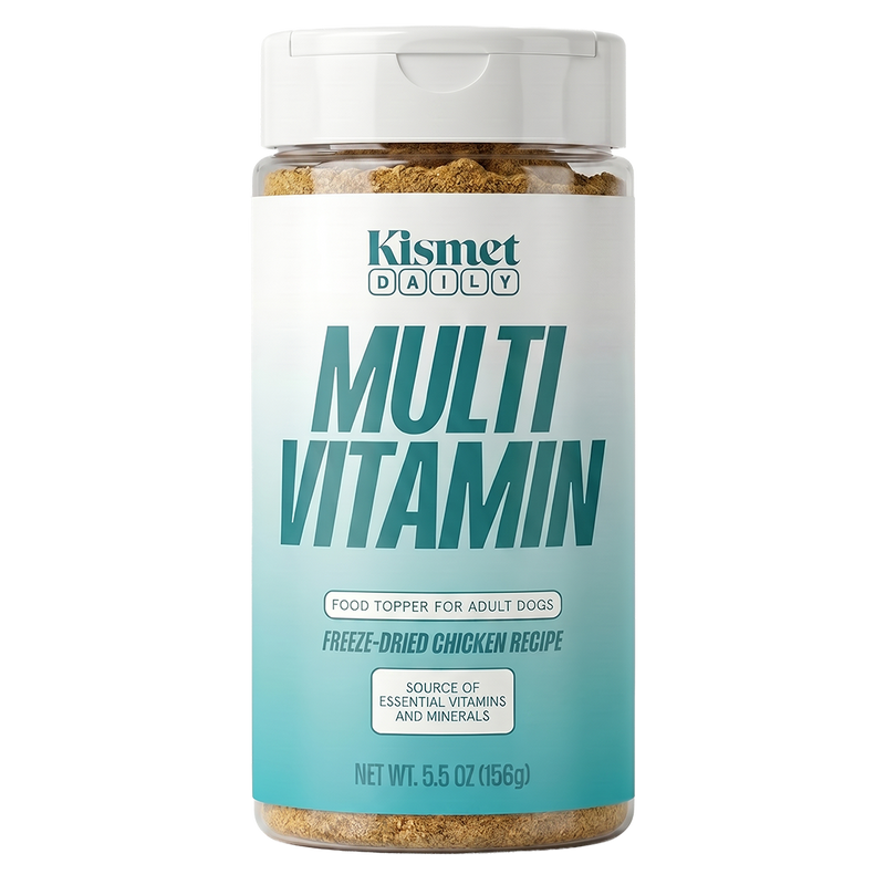 Kismet Daily Multivitamin 5.5 oz canister: freeze-dried chicken food topper for adult dogs, a source of essential vitamins and minerals