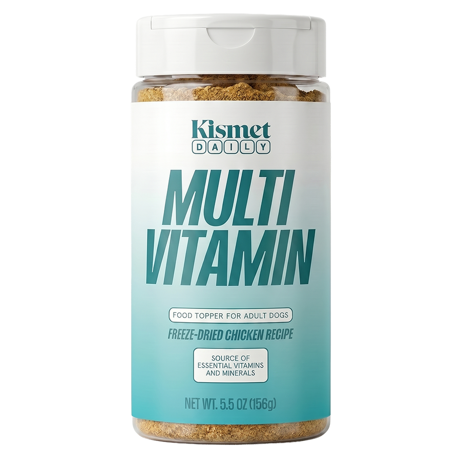 Kismet Daily Multivitamin 5.5 oz canister: freeze-dried chicken food topper for adult dogs, a source of essential vitamins and minerals