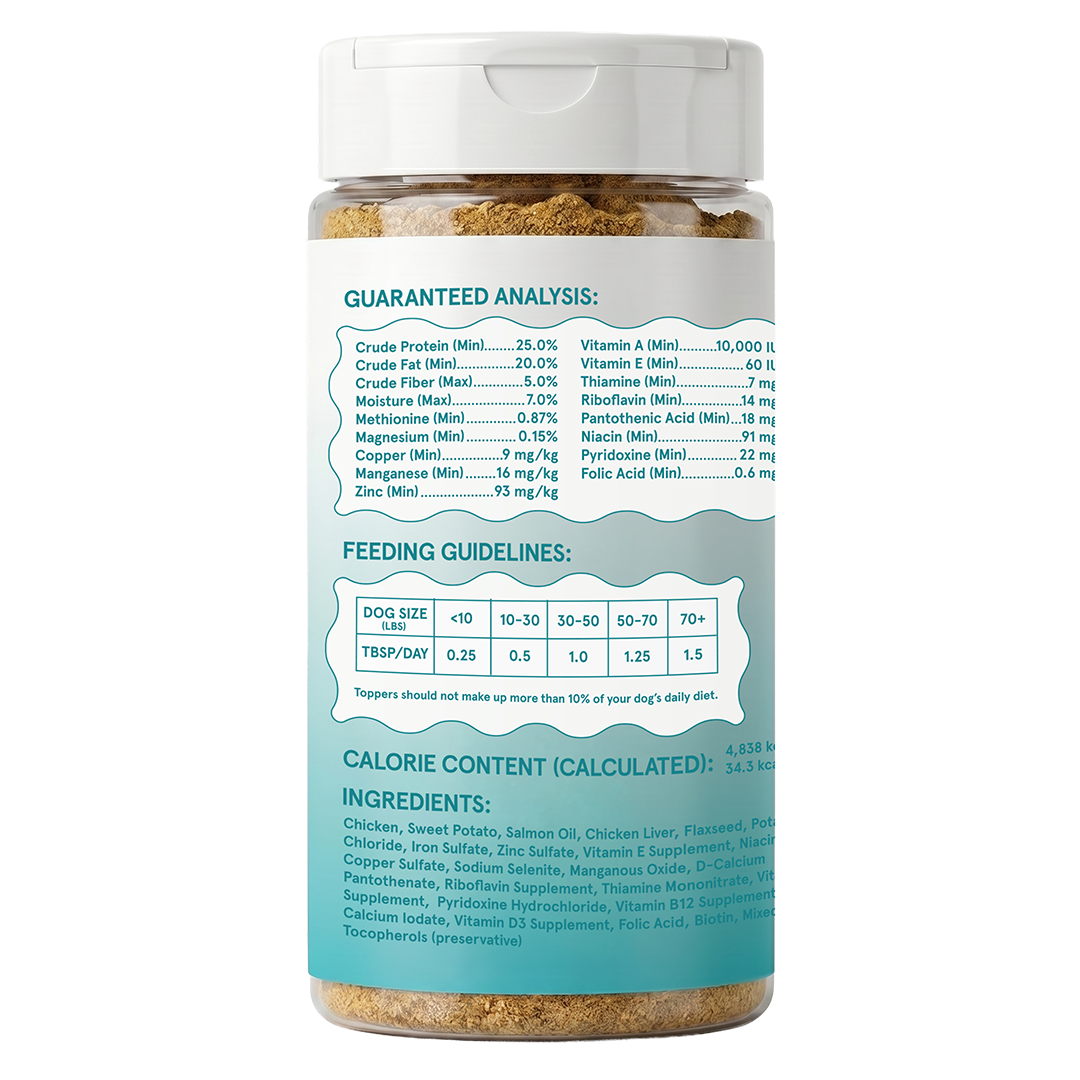 Multivitamin back label: guaranteed analysis, feeding guidelines, calorie content and ingredients