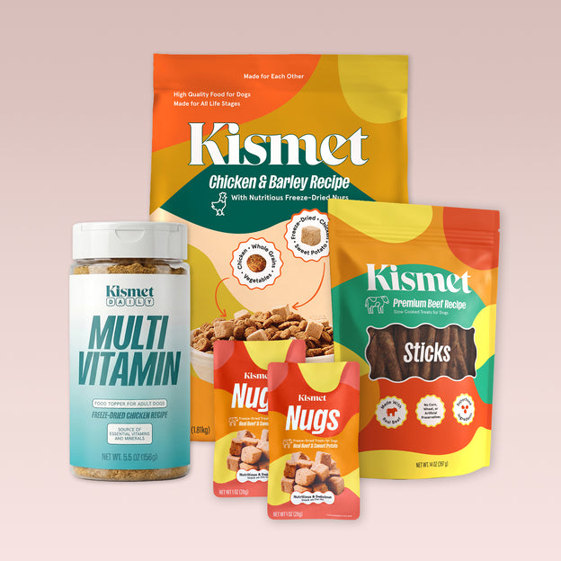 Premium Dog Starter Pack: Chicken & Barley 9 lb bag, Slow Cooked Beef Sticks, two Nugs packs, and a Kismet Daily Multivitamin canister