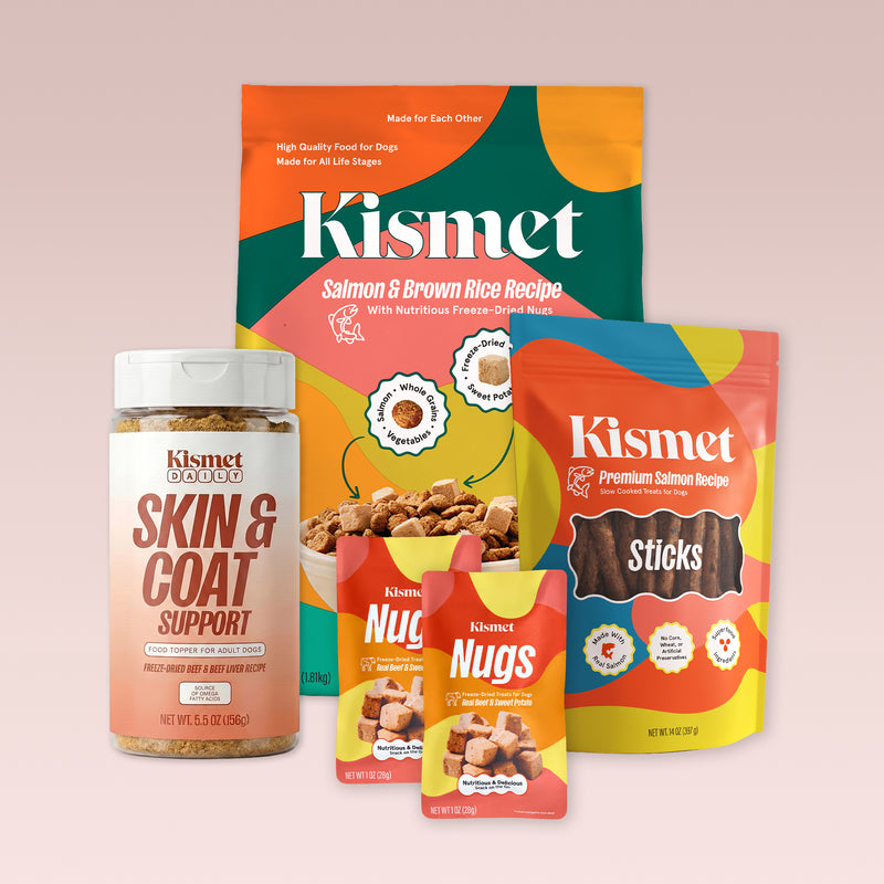 Premium Dog Starter Pack: Salmon & Brown Rice 9 lb bag, Slow Cooked Salmon Sticks, two Nugs packs, and a Kismet Daily Skin & Coat canister