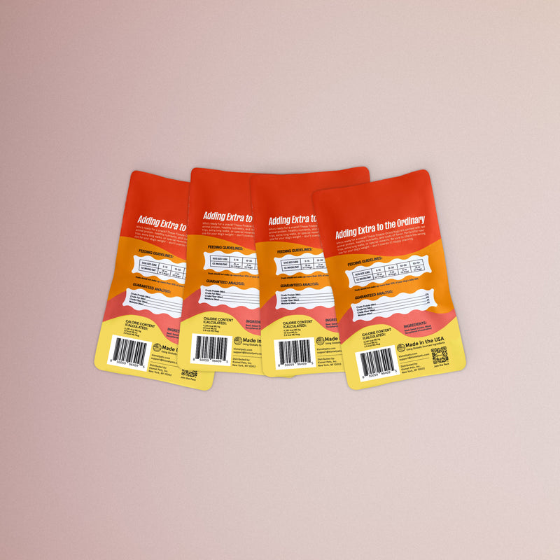 Back of four Kismet Beef & Sweet Potato Nugs 1 oz packs with feeding guide and ingredients