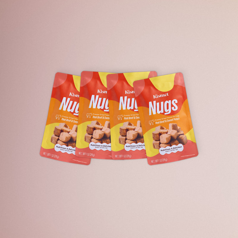 Four 1 oz packs of Kismet Beef & Sweet Potato Nugs, front