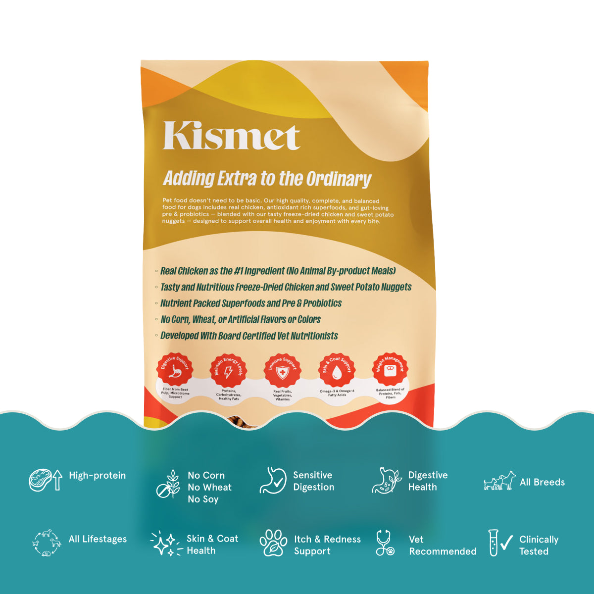 Kismet pet food package with health benefits