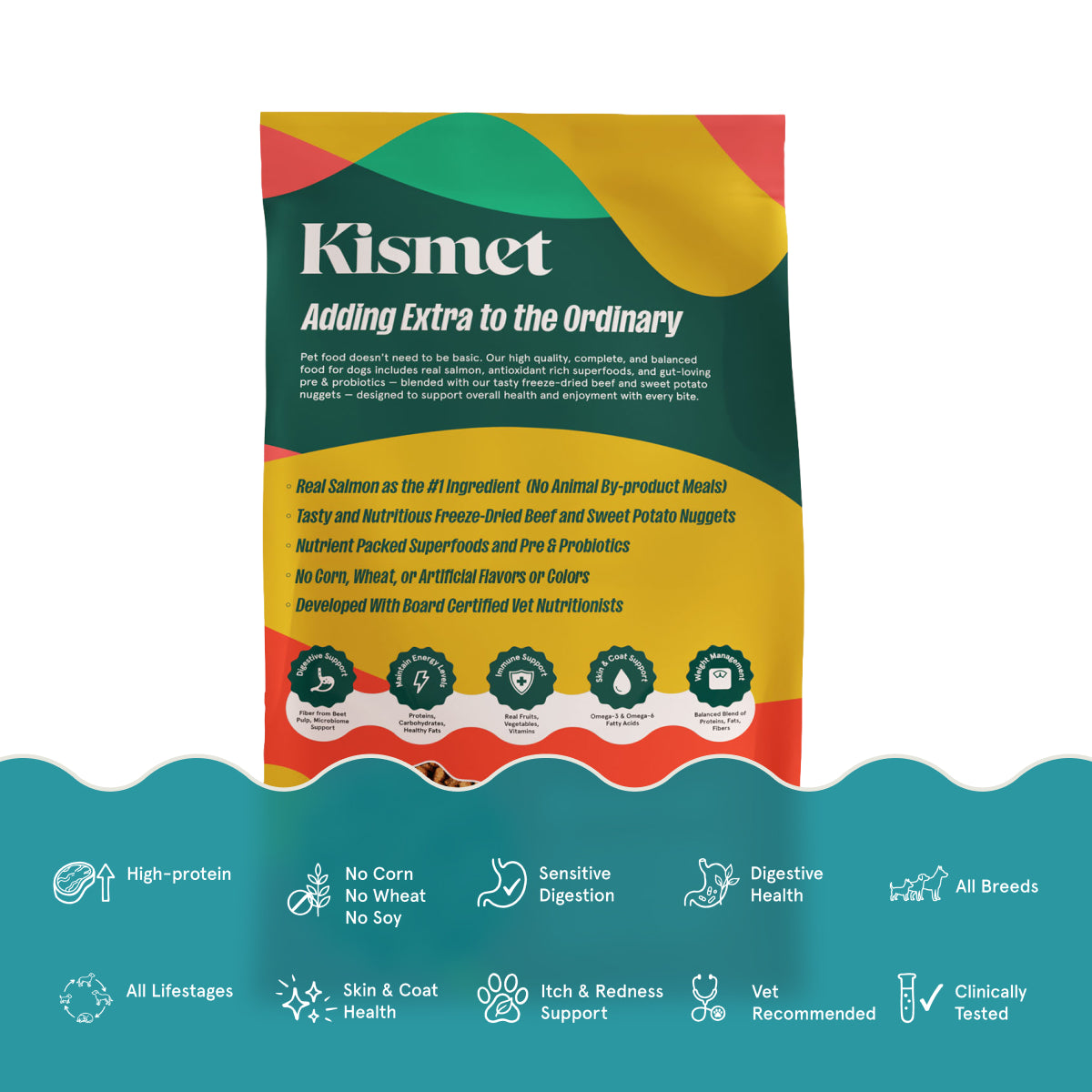 Kismet pet food package with colorful design and health benefits on a white background