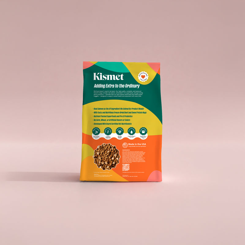 Back of the Kismet Salmon & Brown Rice bag: key benefits, ingredients and Made in the USA