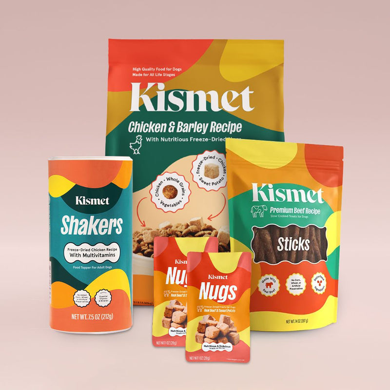 Group of Kismet food and treats packs that make up the Premium Dog Starter Pack (Chicken).